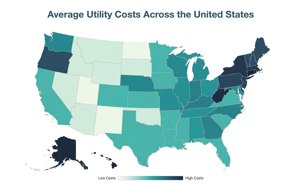 Map illustrating average utility costs across the United States