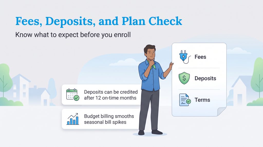 Infographic showing checks for utility fees, deposits, terms, deposit credits, and budget billing.