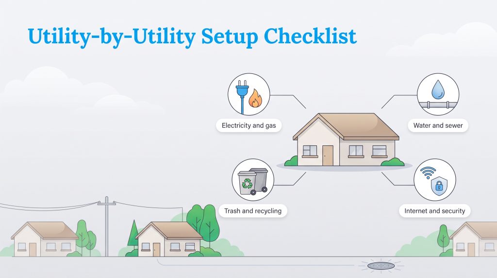 Illustration showing a home connected to electricity, water, internet, and waste services.