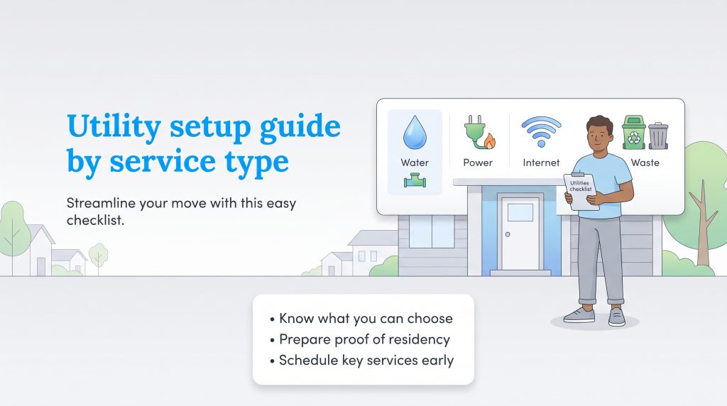 Illustration of a man holding a utility checklist next to essential home service icons.