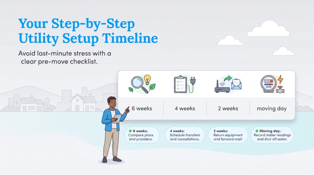 Infographic outlining a step by step timeline for setting up utilities when moving
