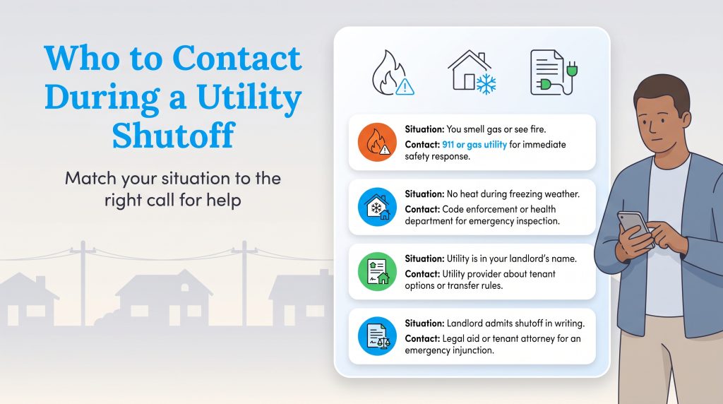 Guide showing who tenants should contact during different utility shutoff scenarios