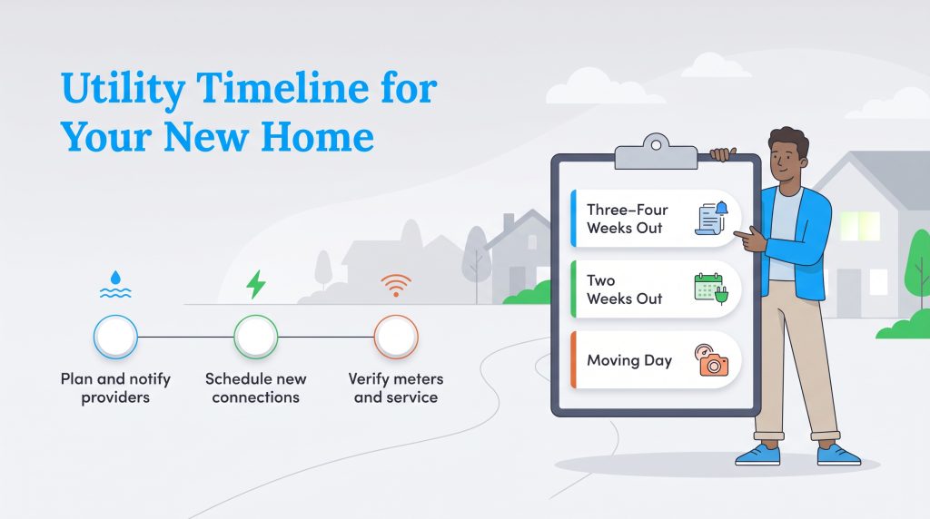 Timeline illustration showing steps to set up home utilities before and on moving day