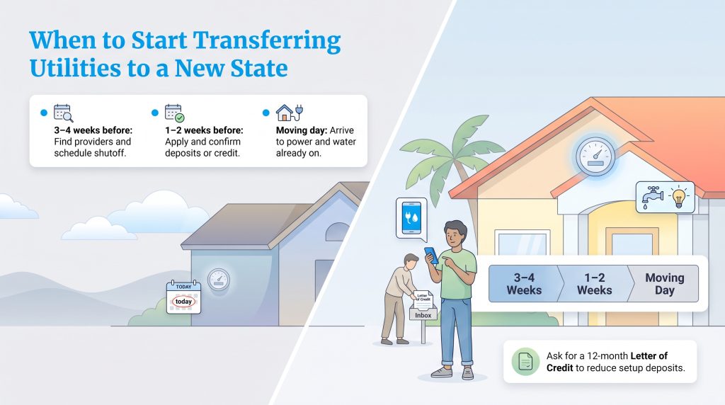 Timeline for transferring home utilities to a new state before moving day.
