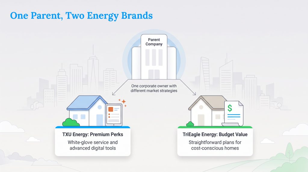 Diagram showing one parent company owning premium TXU Energy and budget TriEagle Energy.