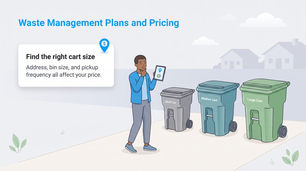 A man compares small, medium, and large waste carts, illustrating that bin size affects pricing.