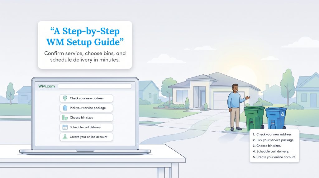 Illustration showing the five online steps to set up new Waste Management service.
