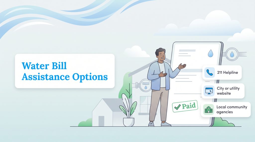 An illustration showing help options for paying water bills like 211 and local agencies.