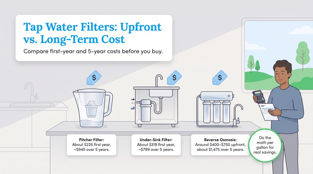 Illustration comparing first-year and five-year costs of three tap water filter types.