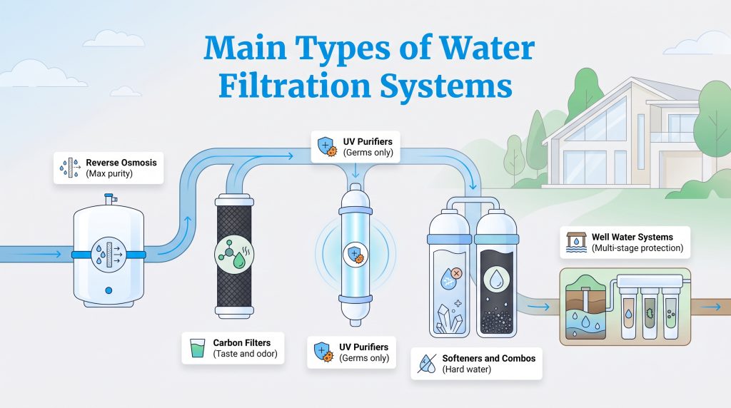 Diagram showing main types of residential water filtration systems like reverse osmosis and UV.