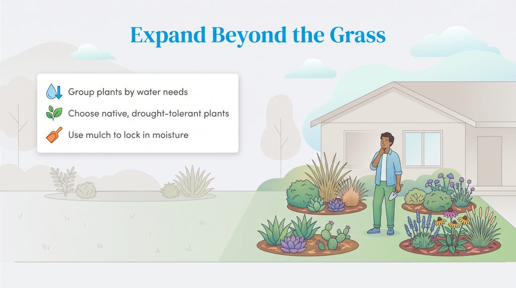 Illustration of a man contemplating a xeriscaped garden with tips: group plants, choose native plants, and use mulch.
