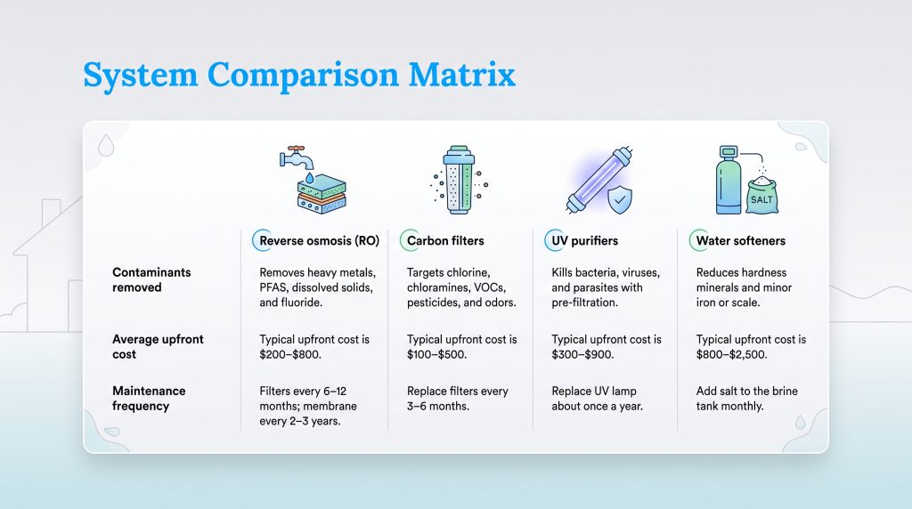 Table comparing features and costs of four different residential water treatment systems