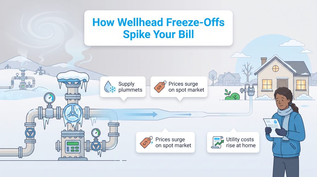 Diagram showing how frozen gas wellheads reduce supply and increase household utility bills.