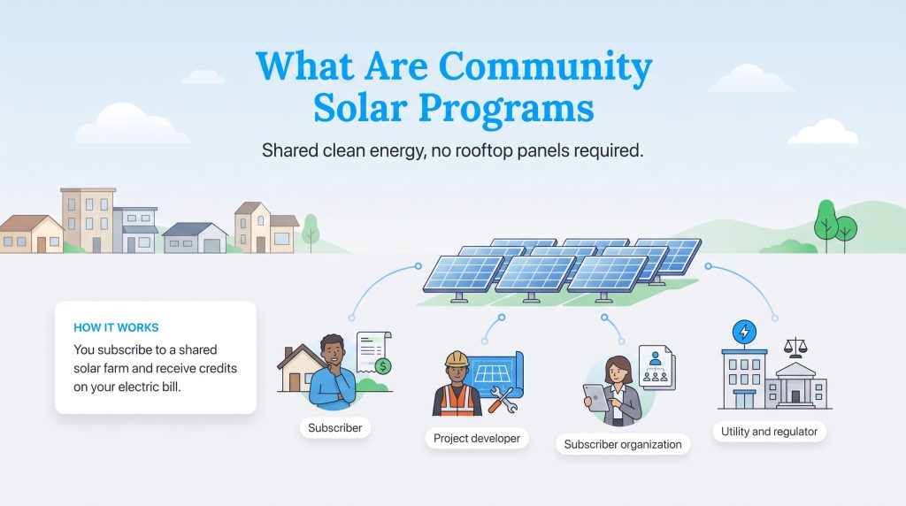 Diagram showing how a community solar program connects subscribers to a shared solar farm.