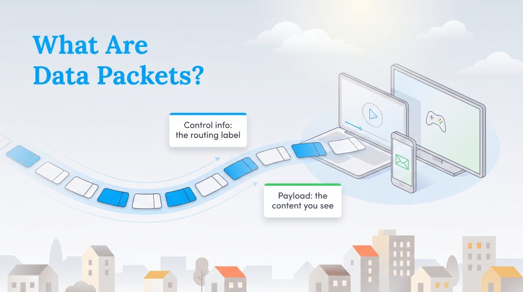Diagram of data packets streaming to devices, defining their control info and payload parts.