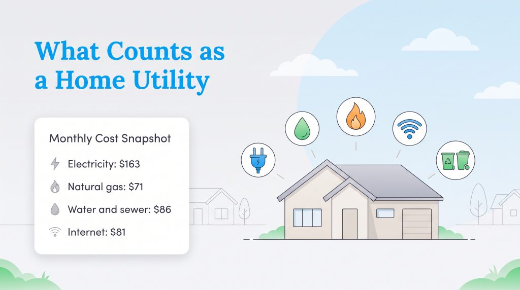Infographic showing average US monthly utility costs for electricity, gas, water, and internet.