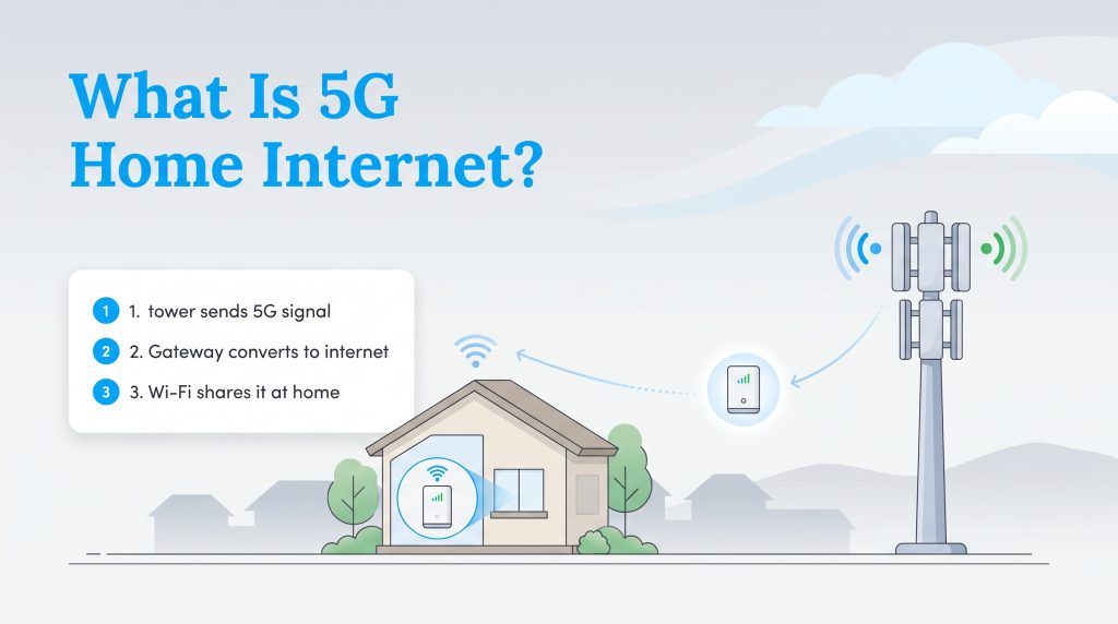 Diagram showing how a 5G tower sends wireless signal to a home gateway router