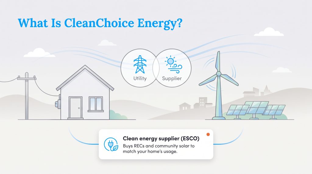 Diagram illustrating how clean energy suppliers match home utility usage with renewable sources