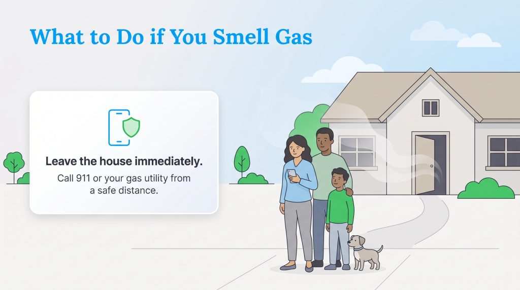 Illustration of a family safely outside their home next to gas leak safety instructions.