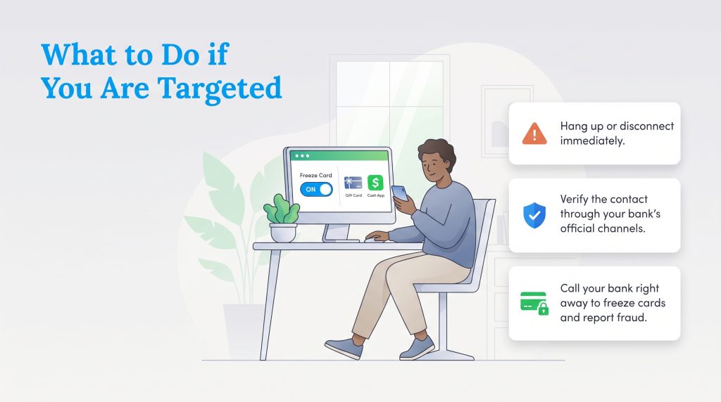Illustration of steps to take if targeted by a scam including disconnecting and freezing cards
