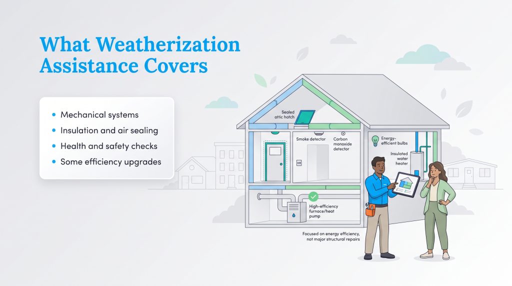 Illustration depicting covered weatherization services like insulation, heating upgrades, and safety checks.