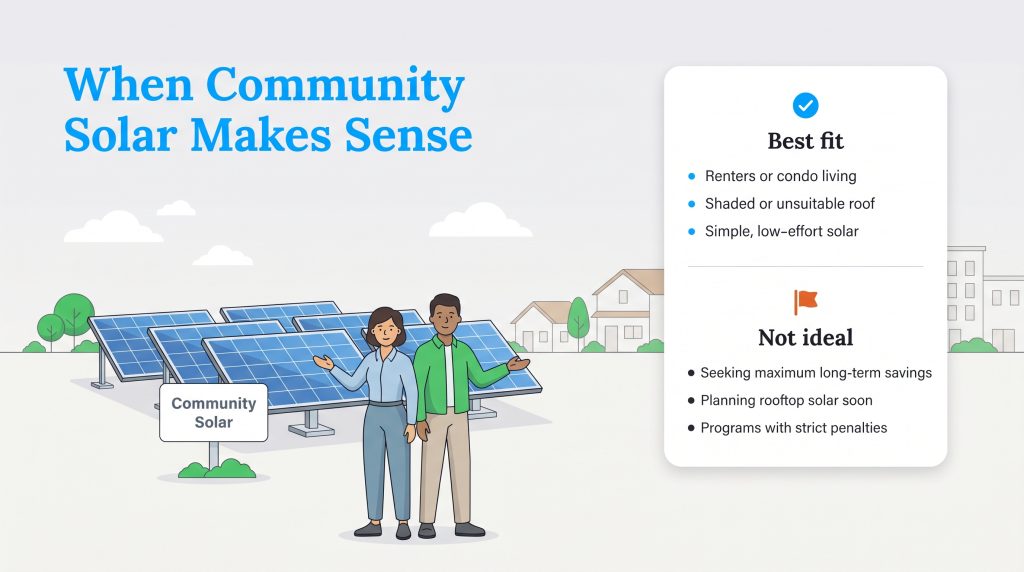 Graphic detailing when community solar is a best fit vs when it is not ideal