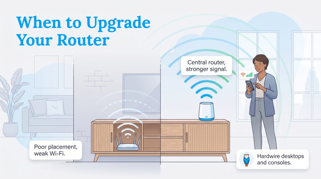 Illustration comparing weak Wi-Fi from a hidden router to strong signal from an open router
