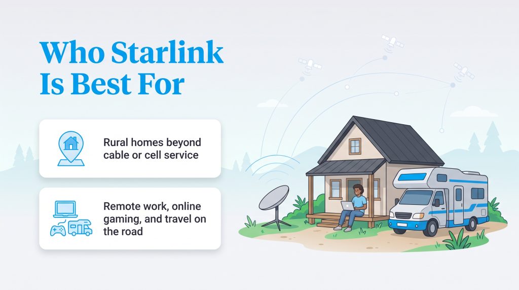 Illustration showing Starlink use cases for remote homes, travel, gaming, and working.
