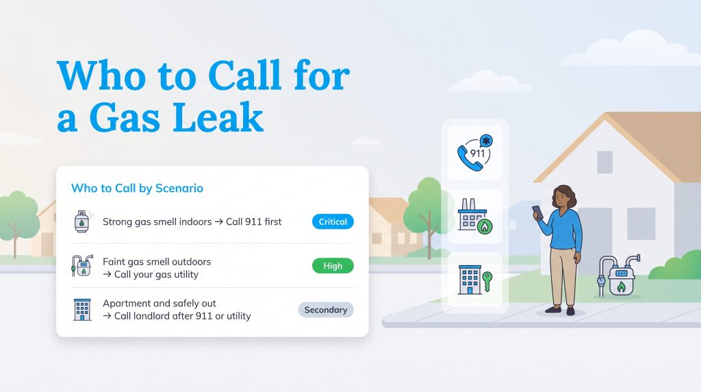 Guide showing who to call for gas leaks based on scenario severity and location.