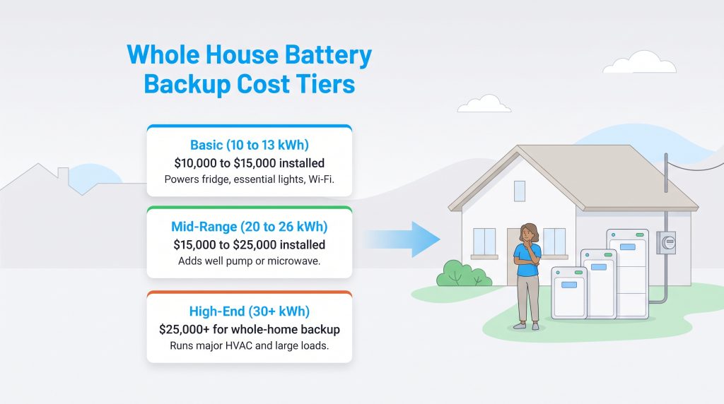 Infographic comparing basic, mid-range, and high-end home battery backup tiers and costs