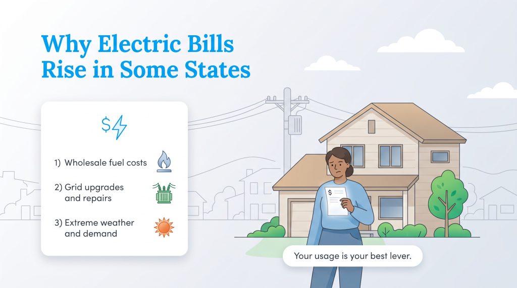 Reasons for rising electric bills: wholesale fuel, grid upgrades, and extreme weather