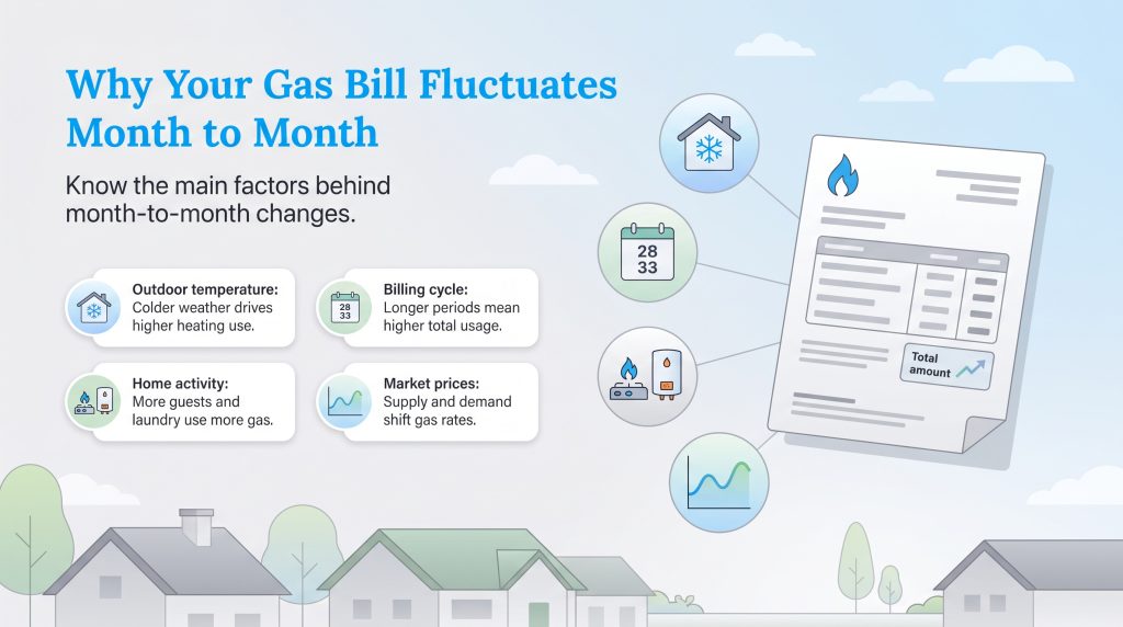 Graphic explaining the factors behind monthly gas bill fluctuations