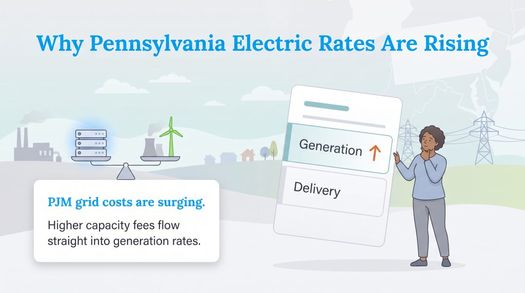 Infographic: Rising generation rates on a bill caused by surging PJM grid costs and high tech demand.