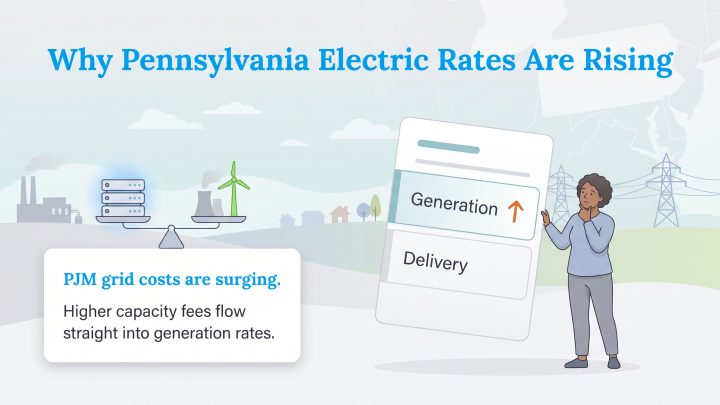 Infographic: Rising generation rates on a bill caused by surging PJM grid costs and high tech demand.