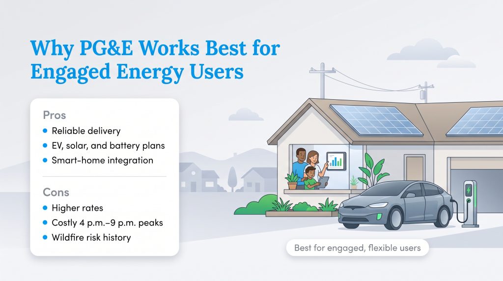 Graphic showing PG&E pros and cons next to a home with solar panels and an electric vehicle