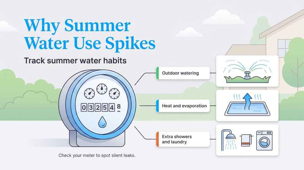 Diagram showing summer water use spikes from outdoor watering, evaporation, and laundry