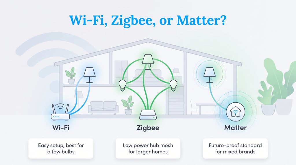An illustration comparing Wi-Fi, Zigbee, and Matter smart home lighting connections