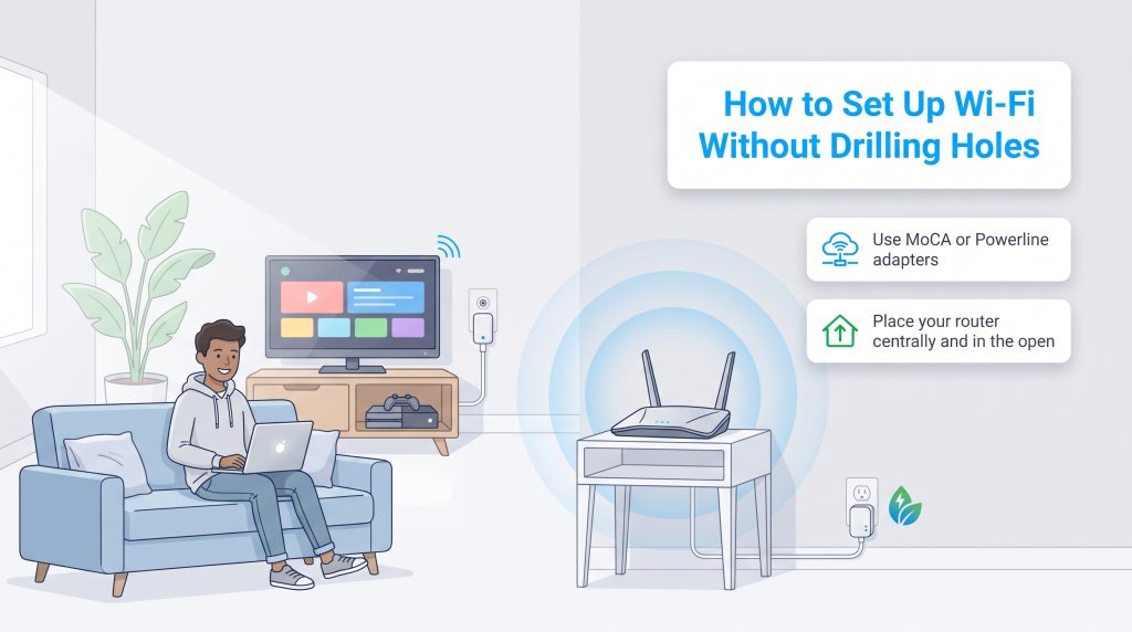 Illustration showing renter friendly apartment Wi-Fi setup with adapters and central router