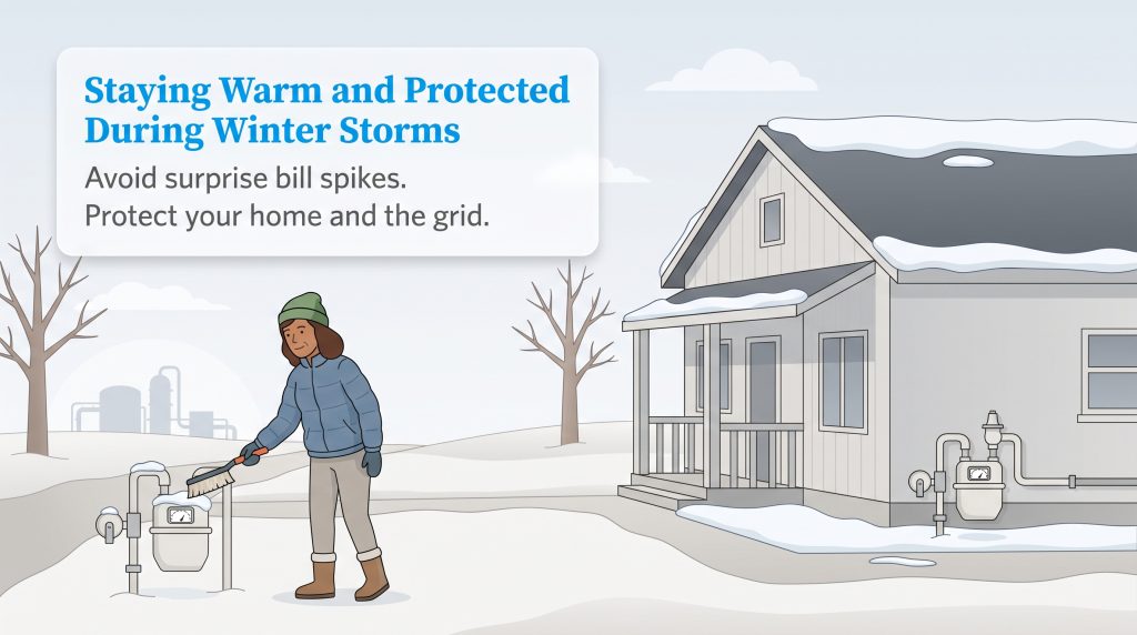 Illustration of a person brushing snow off an outdoor gas meter in winter