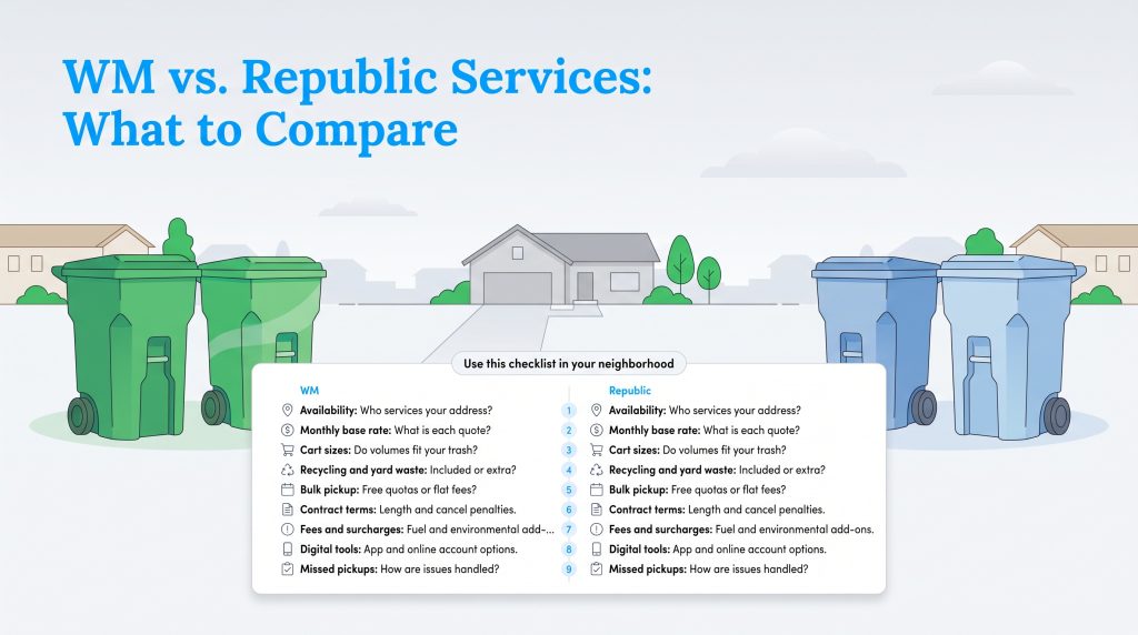A checklist comparing WM and Republic Services on nine points like availability, rates, and fees.