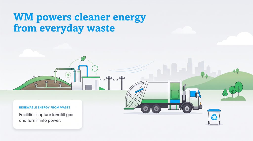 Illustration of a WM truck and a landfill facility capturing gas to generate power for a city.