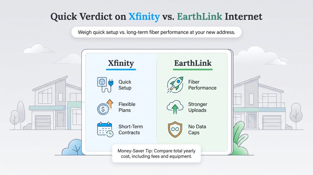 Infographic comparing Xfinity features like quick setup against EarthLink fiber performance.