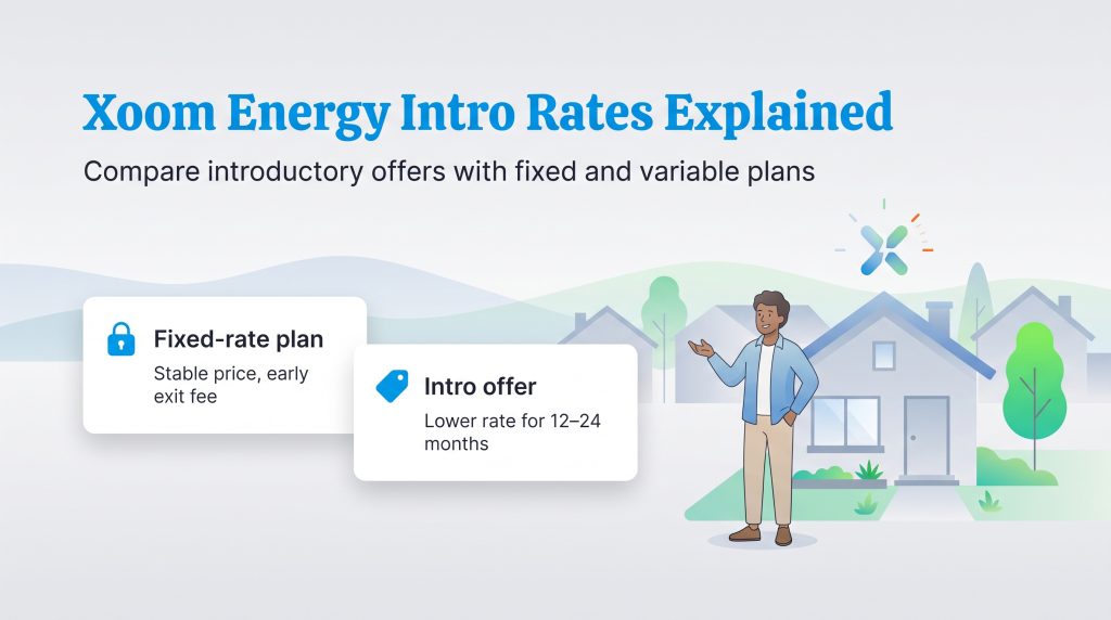Illustration comparing Xoom Energy's stable fixed-rate plans with temporary lower introductory offers.