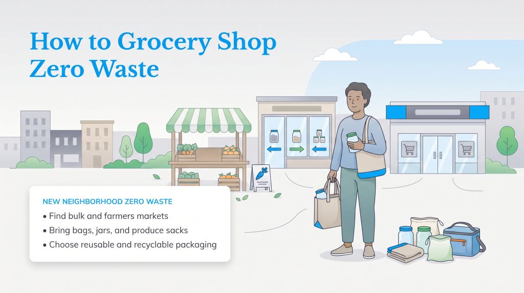 Illustration of a person with reusable bags shopping zero-waste at local neighborhood stores