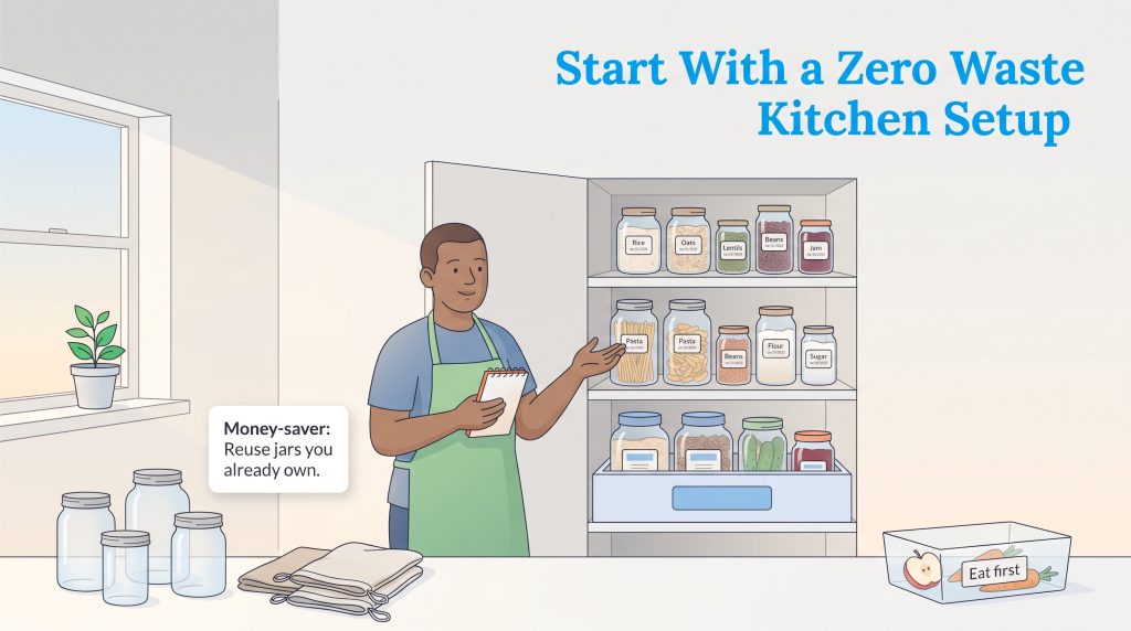 An illustration of a man organizing a pantry with labeled upcycled glass jars.