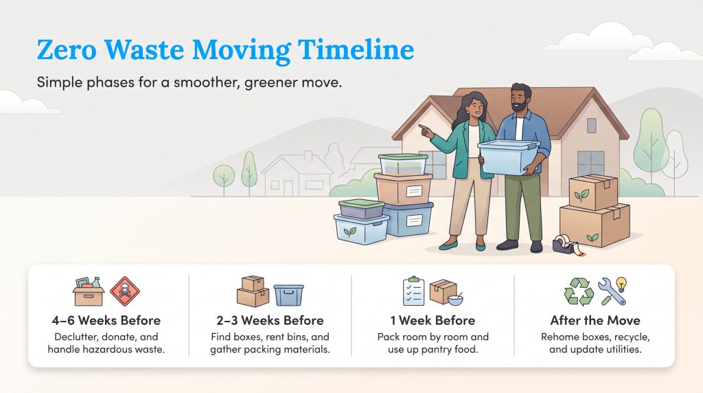 Timeline illustrating steps for an eco-friendly zero waste move over several weeks