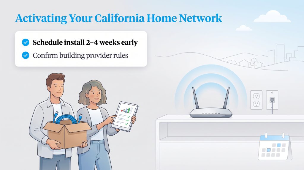 Illustration of a couple planning home internet setup with a router and checklist