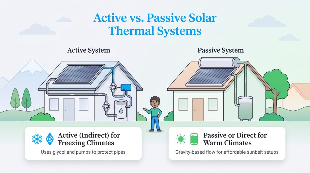 Diagram comparing active and passive solar thermal heating setups for different climates