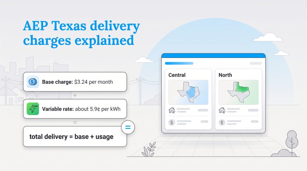 Graphic explaining the AEP Texas delivery charges formula: base charge plus variable rate.