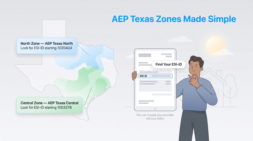 Map of AEP Texas North and Central zones next to an illustration showing how to find an ESI-ID